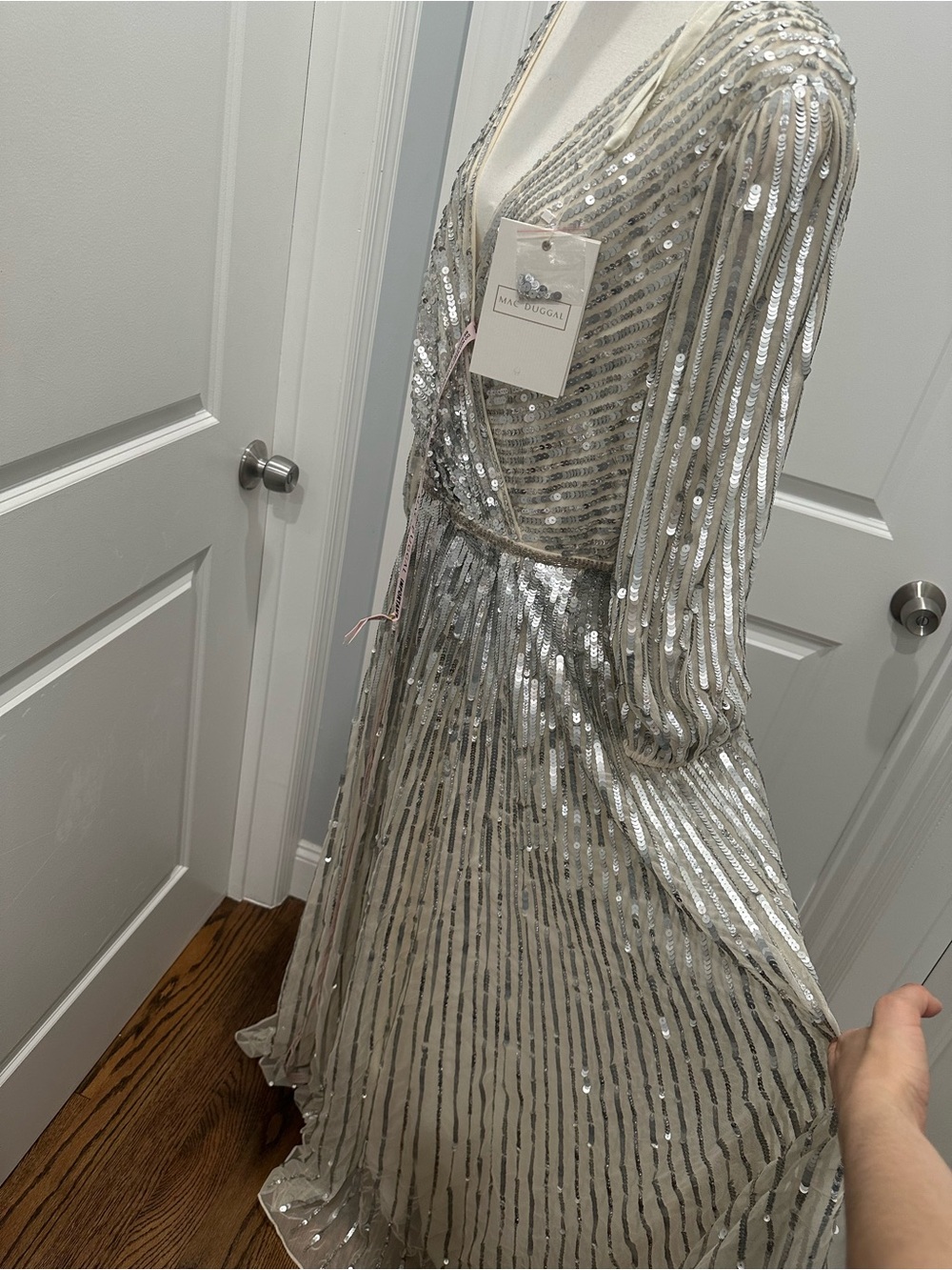 Mac Duggal Silver Sequin Maxi Dress